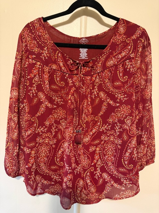 St. John's Bay Tops - St. John's Bay Red Paisley Tie-Neck Blouse  M